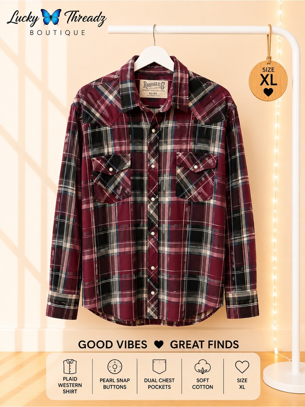Roebuck & Co. Men's XL Burgundy Plaid Western Button Down Shirt Long Sleeve⁠